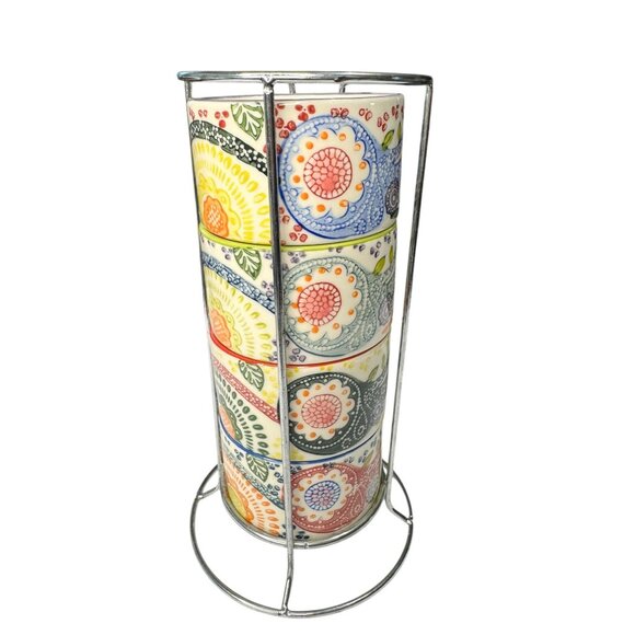 Pier 1 Imports Colorful Ceramic Stackable Coffee Mug Set With Metal Stand - Picture 5 of 7